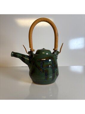 Handcrafted Green Pottery Teapot Rattan Handle Artisan-Made Signed